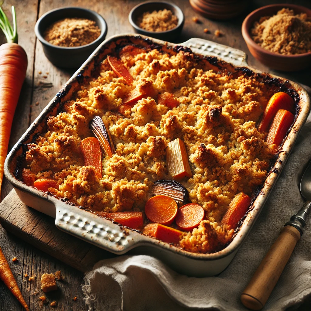 a rustic root vegetable crumble served in a cozy, homey setting.